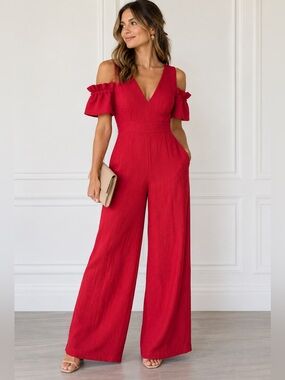 Club Monaco Red Cold Shoulder Wide Leg Jumpsuit Size 2